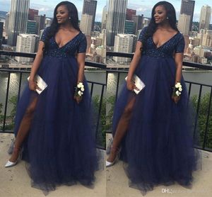 Blue Plus Navy Size Black Girl 2K19 Beaded Top Tulle kjol Split A Line V Neck Evening Gowns Maternity Prom Dresses Vestidos Estidos