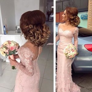 Blush Pink 3D Flowers Applique Lace Mermaid Bridesmaids Dresses Long Sleeve Sheer Neckline Jewel Hollow Back Wedding Guest Dress Prom Dress