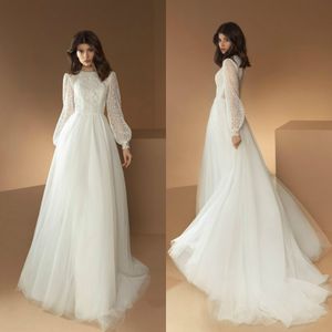 2020 Elegant A-line Wedding Dresses Jewel Long Sleeves Appliqued Lace Sweep Train Wedding Gown Tulle Custom Made Ruched Robes De Mariée