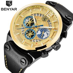 Benyar Brand Luxo Chronógrafo Sport Mens relógios Moda Militar Quartz Relógio Relógio Relógio Relogio Masculino