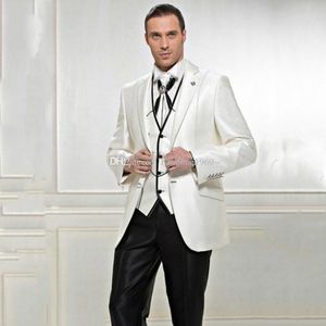 Yeni Tasarım İki Düğmeler Parlak Fildişi Damat smokin Notch Yaka Groomsmen Mens Suits Düğün / Gelinlik / Akşam Blazer (Ceket + Pantolon + Vest + Tie) K191
