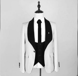 Classic Style One Button White Wedding Groom Tuxedos Shawl Lapel Groomsmen Men Suits Prom Blazer (Jacket+Pants+Vest+Tie) NO:1923