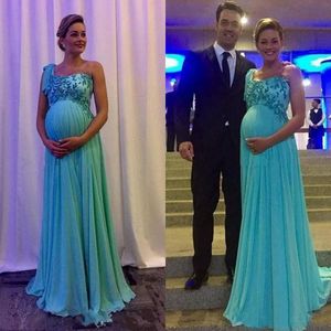 Ny Maternity Evening Dresses Party Wear One Shoulder Applique Vestidos de Novia Long Chiffon Prom Lokaler för gravida kvinnor