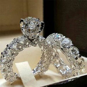 Hot Sell Sparkling Fashion Jewelry 925 Sterling Silver Fill Round Cut White Topaz CZ Diamond Eternity Lady Women Wedding Bridal Ring Set