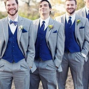 Gray Wedding Groomsmen Tuxedos Classic Style Three Piece Royal Blue Vest Grey Custom Made Men Suits Jacket Vest Pants