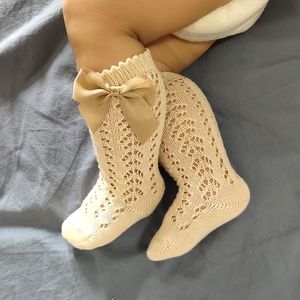 Kids' Lace Hollow Crochet Knee High Stockings, Breathable Cotton Leg Socks for Girls with Bows