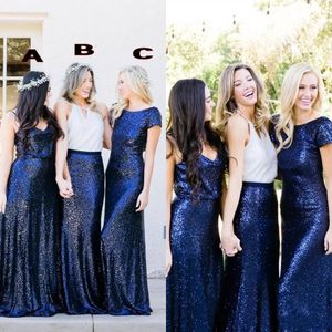 Sparkly A-Line Navy Blue Bridesmaid Dresses Spaghetti Sequin Country Style Beach Long Floor Length Wedding Guest Maid of Honor Gown
