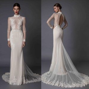 Berta z długim rękawem Syrenki Suknie Ślubne Koronki Aplikacja Wysokiej szyi Koraliki Hollow Back Sexy Illusion Fishtail 2020 Suknie ślubne Robes De Mariée