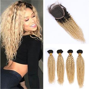 # 1B 613 Ombre Virgin Encerramento de cabelo com Pacotes preto e loiro Ombre peruana Kinky Curly Weaves Cabelo Humano 4 Pacotes com laço Encerramento