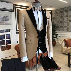 Slim Fit Bej Damat smokin Siyah Tepe Yaka Sağdıç Düğün Suit Erkekler İş Balo Ceket Blazer 3 Adet Suit (Ceket + Pantolon + Kravat + Yelek) 228