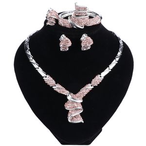 New Fashion African Women Silver Color Wedding Jewelry Sets Dubai Vintage Crystal Necklaces Bracelet Ring Earrings Jewellery