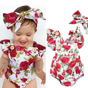 Cute Newborn Toddler Baby Girls Floral Romper Bodysuit with Hairwrap Head Band Summer Sleeveless Jumpsuit Climbing One-piece Clothing D3304