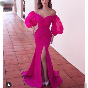 Abendkleider Formalna Party Dress Fuchsia Dubai Długie Rękawy Syrenki Suknie Wieczorowe Eleganckie Seksowne Seksowe Suknie Muzułmańskie Suknie Wieczorowe 2020