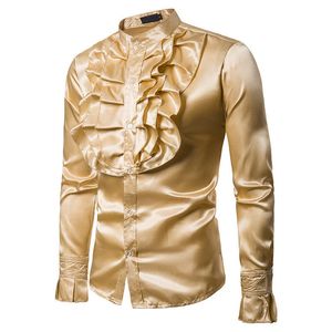 Męska sukienka Slim Fit Koszulki Solidna Miękki Z Długim Rękawem Stojak Kołnierz Regularne Ruffles Satin Męski Sukienka Koszule Moda Topy