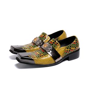 Real Formal Pattern Snake Men Square Toe Crystal Man Party Dress Fashion Business Leather Shoes 9009