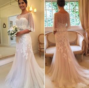 2024 Arabic A Line Wedding Dresses Illusion With Wrap Half Sleeves Lace Appliques Beaded Backless Plus Size Sweep Train Tulle Bridal Gowns 403