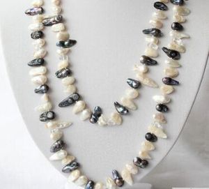 necklace Free shipping ++ long 50" white black biwa freshwater cultured pearl crystal necklace