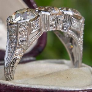 Biżuteria w stylu Vintage 925 srebro trzy kamienie 5A cyrkonia CZ diamentowe kamienie szlachetne kobiety obrączka ślubna pierścionek prezent