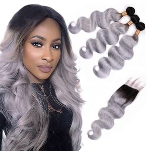 Grandma Gray Color Brazilian Hair Ombre Body Wave Virgin Human Hair Bundles With Closure Vendors