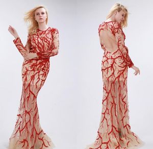 Custom Sexy Long-Sleeved Fashion Backless Fish Tail Tormal Evening Dresses Red Gauze Embroidery Beads Catwalk Party Gowns