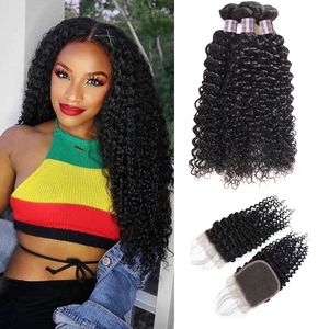 Ishow 8-28 Brasileiro Kinky Curly Body Wave Human Hair 3/4 Bundles com 4x4 Fecho de Laço Virgem Extensões de Cabelo Virgem Profundo para Mulheres Preto Natural Cor