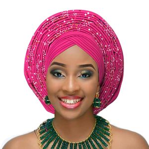 Nigerianisches Gele-Kopfband mit Perle, bereits hergestellt, Auto-Hele-Turban-Mütze, afrikanisches Aso-Ebi-Gele-Aso-Oke-Kopfband mit großer Krempe, 2018