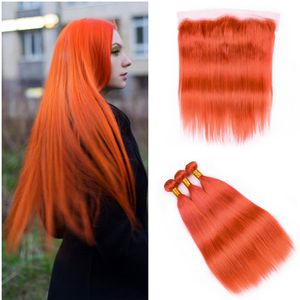 Orange Color Virgin Indian Human Hair Weft 3Bundles with Frontal Closure 4Pcs Lot Straight Orange Human Hair Weave Extensions with Frontal