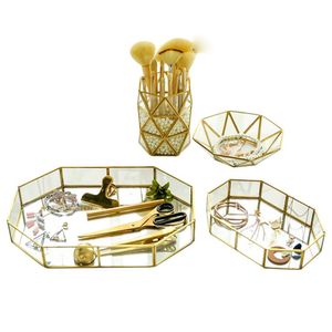 Nordic Retro Brass Storage Bricka Gyllene Polygon Glas Makeup Organizer Tray Dessert Plate Smycken Display Hem Kök Inredning