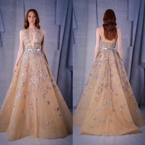 Sexig Champagne Halter Neck Aftonklänningar med Lace Appliques Sequined Tulle Sweep Train Prom Gowns Backless Party Dress