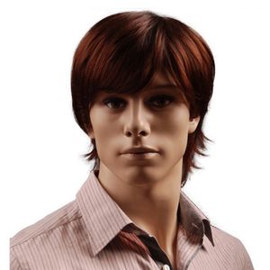 8 Inch Short Hair Synthetic Wigs for Men Natural Full Reddish Brown Straight Male Wig with Bangs Heat Resistant