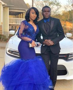 Black Girls Sexy Royal Blue Mermaid Prom Dresses Sheer Long Sleeve Appliques Beads V Neck Ruched Tulle Elegant Formal Dress Evening Gowns