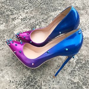 Venda quente-envio de moda mulheres bombas azul roxo gradiente cor ponto de pé dedo alto salto alto noiva noiva sapatos de casamento 12cm 10cm 8cm marca nova