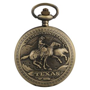 ブロンズスチームパンク米国テキサスナショナル決勝ロデオデザインクォーツポケット腕時計メンズレディースウォッチアナログディスプレイネックレスチェーン