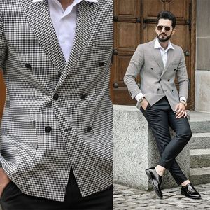 2020 Newest Houndstooth Gentlemen Suits Cotton Blend Double Breasted Notched Lapel Men Suits Custom Made Formal Coat