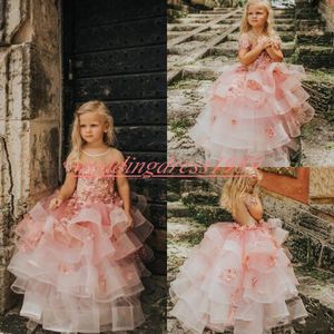 Princess Tiered Flower Girls Dresses Floral Sheer Girls Party Toddler Pageant Baby Birthday Gowns Kids Formal Wear First Communion Dress