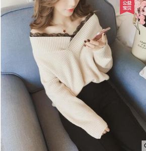 New design women's v-neck lace patched sweet cute knitted long sleeve sweater pullover tops knitwear jumpers