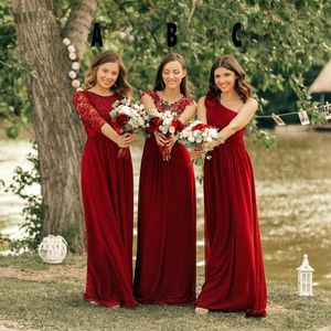 Kırmızı Dantel Gelinlik Modelleri 2019 Yeni Ucuz Şifon Ruffles Uzun Kollu Kat Uzunluk Ülke Düğün Nedime Elbiseler Onur Törenlerinde Elbiseler