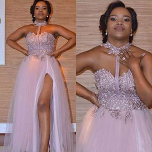 New Plus Size Dusty Pink Halter Prom Dresses Sweetheart Lace Appliques Side Split Evening Gown African Cheap Maid of Honor Bridesmaid Dress