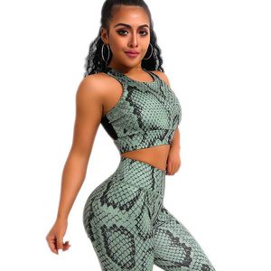 2 sztuka Snake Drukuj Joga Zestaw Kobiety Crisscross Powrót Sportwear Siłownia Odzież Fitness Legginsy Workout Sport Suit Side S-XL