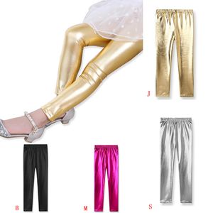 Schicke, glänzende Mädchen-Leggings, elastische, dünne Hosen, Gold, Silber, Kinder, Metallfarben, Pailletten, Fuax-Leder-Leggings