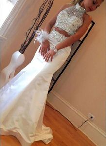 New Evening Mermaid 2 Pieces Prom Dresses High Neck Sleeveless Diamonds Beads Satin Floor Length Sparkly Party Gowns Custom Made