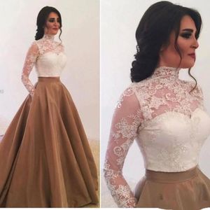 Elegant High Neck Long Sleeve Evening Dresses with Pockets Saudi Arabia Lace Appliques Prom Gowns Special Occasion Dress 2020