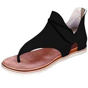 Floopi Sandals for Women Cute Open Toe Wide Elastic Design Summer Comfy Faux Leather Ankle Straps W/Flat Sole Memory Foam 21