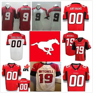 2019 Yeni Stil Özel Calgary Stampeders Premier TC # 9 Cornish # 19 Mitchell Kırmızı Beyaz Özelleştirilmiş Futbol Forması