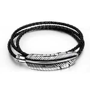 New Trendy Fashion Jewelry Designer Stainless Steel Vintage Leaves Multi Layer Braided Leather Bracelet for Men