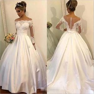 the Elegant Off Shoulder Dresses Vintage Long Sleeves Sweep Train Covered Buttons Illusion Back Satin Wedding Bridal Gown