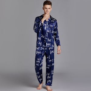 Mens fläck silke pyjama set män pyjamas silke sovkläder uppsättningar män sexiga sovkläder byxor mjuka mysiga satin nattklänning sommar vår brev skrivna
