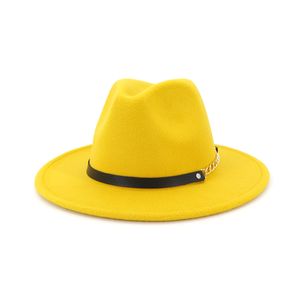 Moda Kadın Geniş Brim Fedora Yün Zincir Link Belt Floppy Trilby Örgün Parti Hat ile Şapka Katı Renk Panama Caz Şapka Keçe