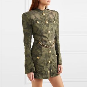 Premium New Style Toppkvalitet Original Design Kvinnors Metall Spännen Tvättad Klänning Midja Kedja Camo Dress