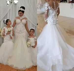 Формальные прекрасные белые платья цветочницей белой русалки для свадебной драгоценности с длинным рукавом 3D Цветочный детский театр.